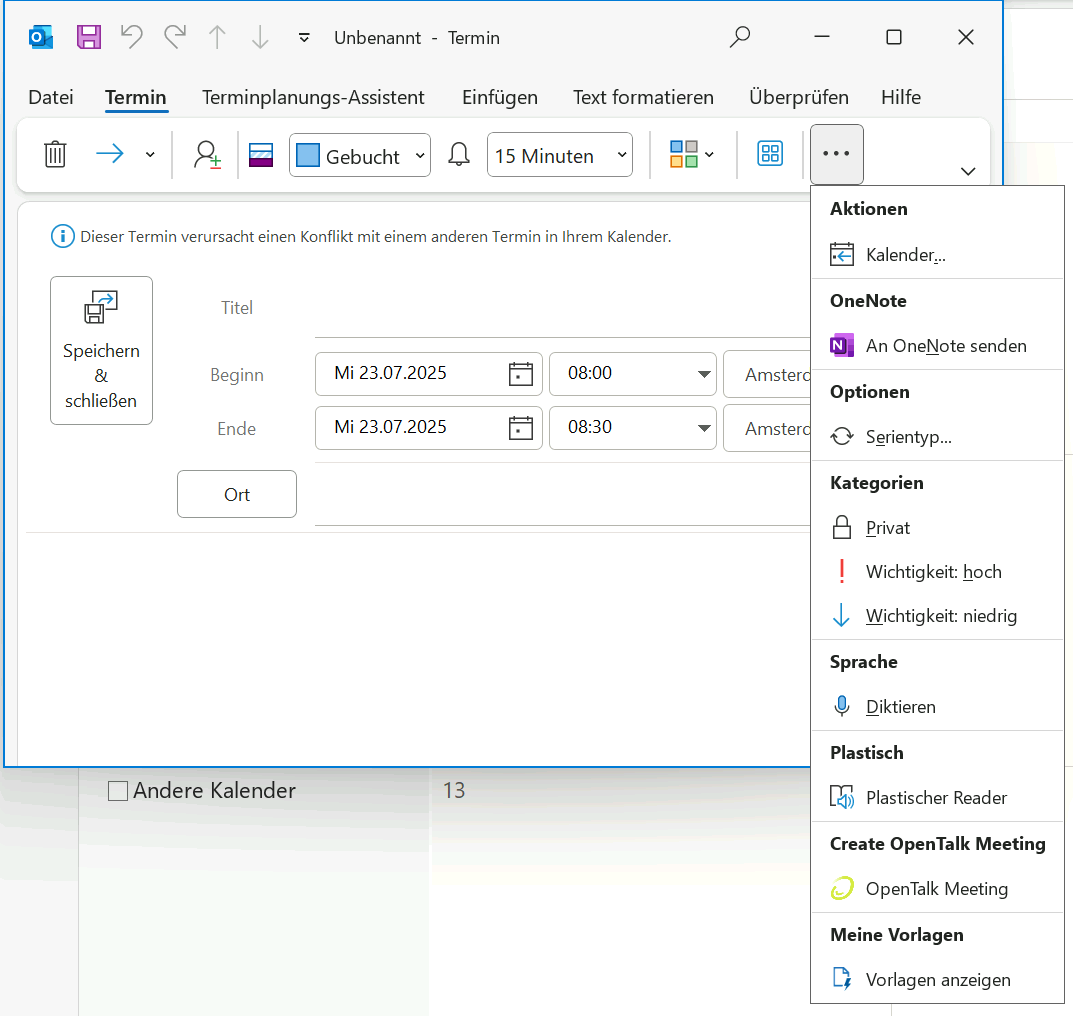 OpenTalk Meeting-Erstellung in Outlook öffnen