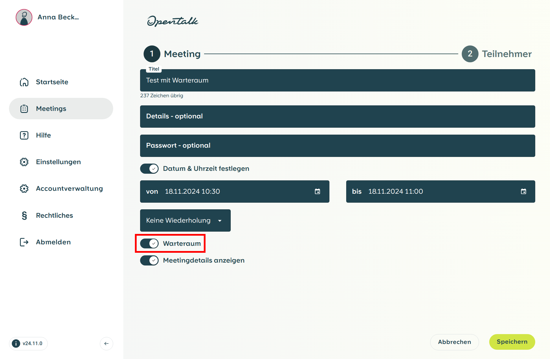 Warteraum Einstellung