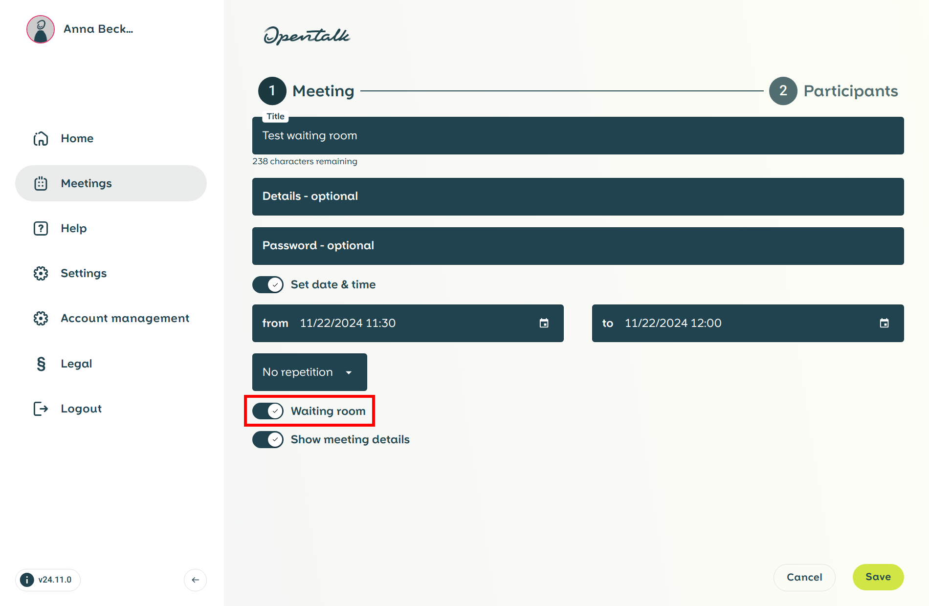 Waiting room settings